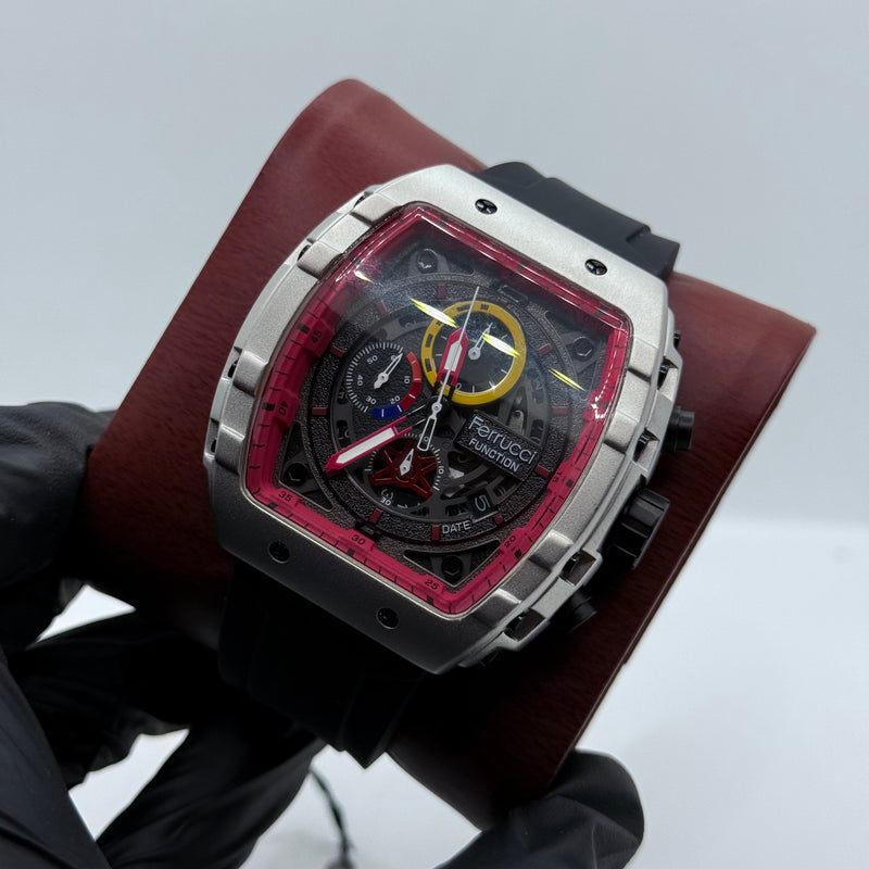Ferrucci Stop Watch black Strap With red dail 1 Year Warranty